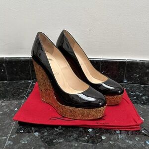 Christian Louboutin Black Patent Leather Cork Wedges Size 38.5